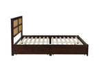 King Size Bed with Rattan Headboard, Two Storage Drawers, Rubber Wood Bed with Enhanced Support Salts and Feet,Espresso