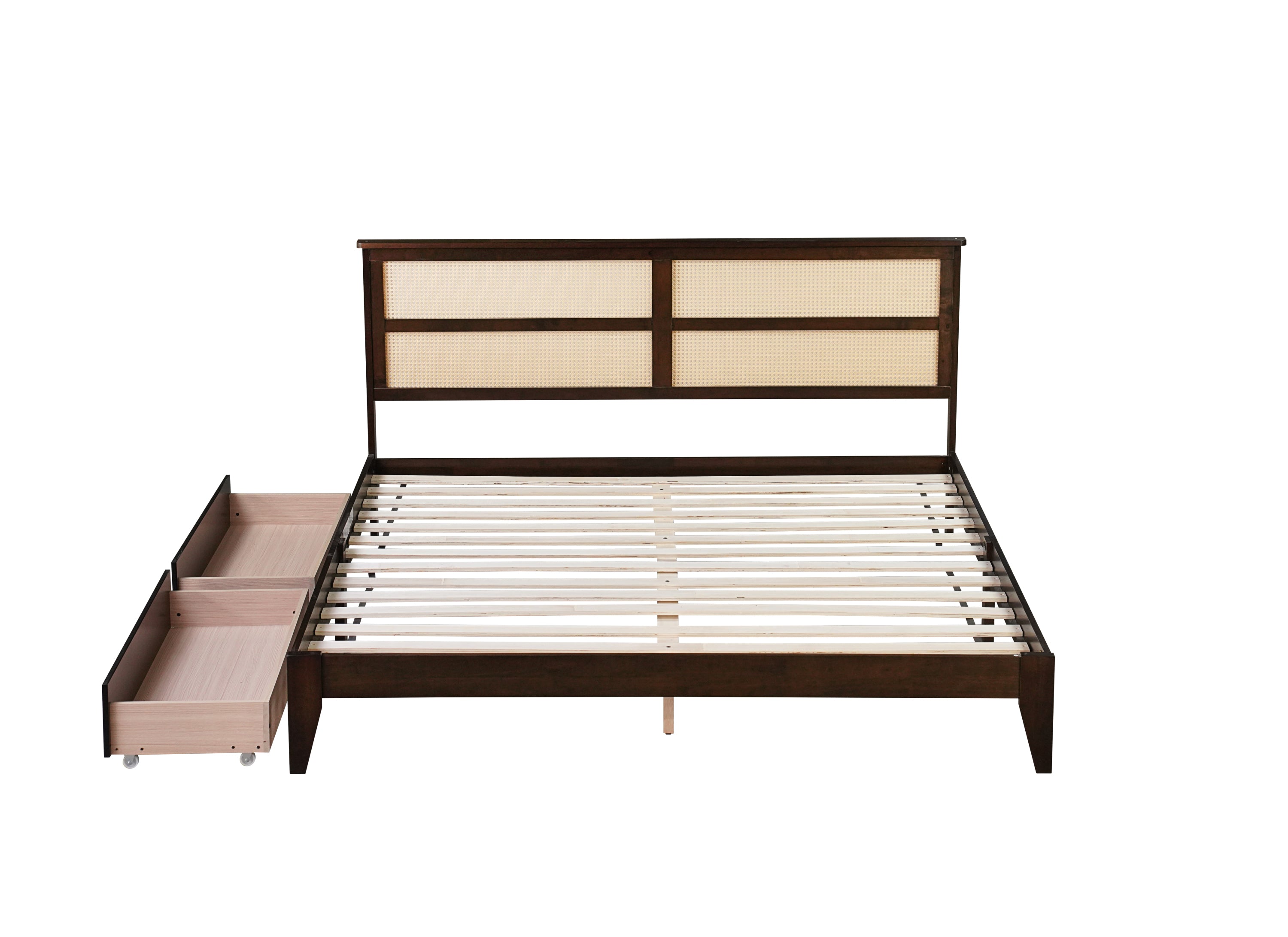 King Size Bed with Rattan Headboard, Two Storage Drawers, Rubber Wood Bed with Enhanced Support Salts and Feet,Espresso