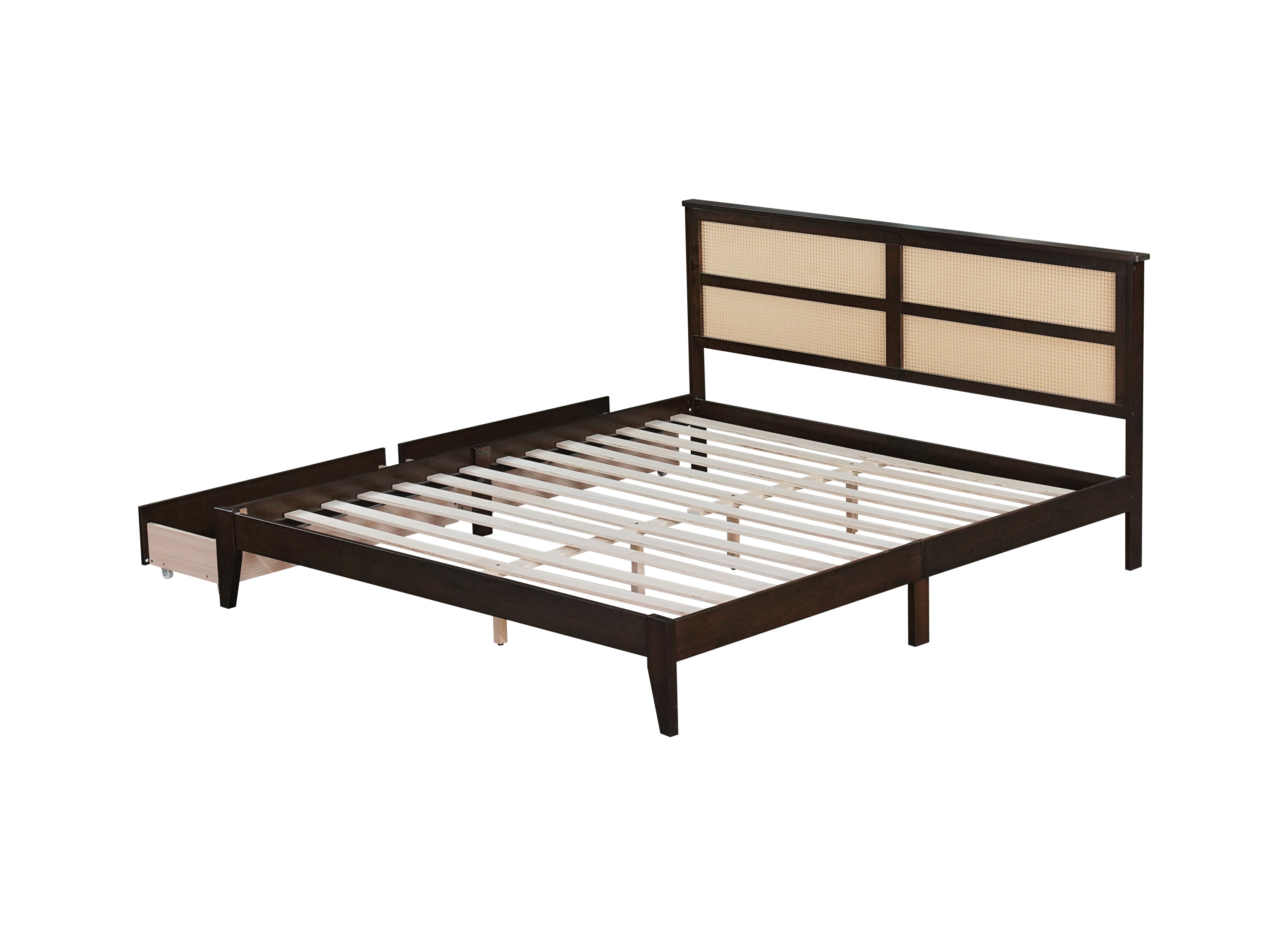 King Size Bed with Rattan Headboard, Two Storage Drawers, Rubber Wood Bed with Enhanced Support Salts and Feet,Espresso