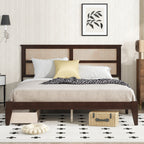King Size Bed with Rattan Headboard, Two Storage Drawers, Rubber Wood Bed with Enhanced Support Salts and Feet,Espresso