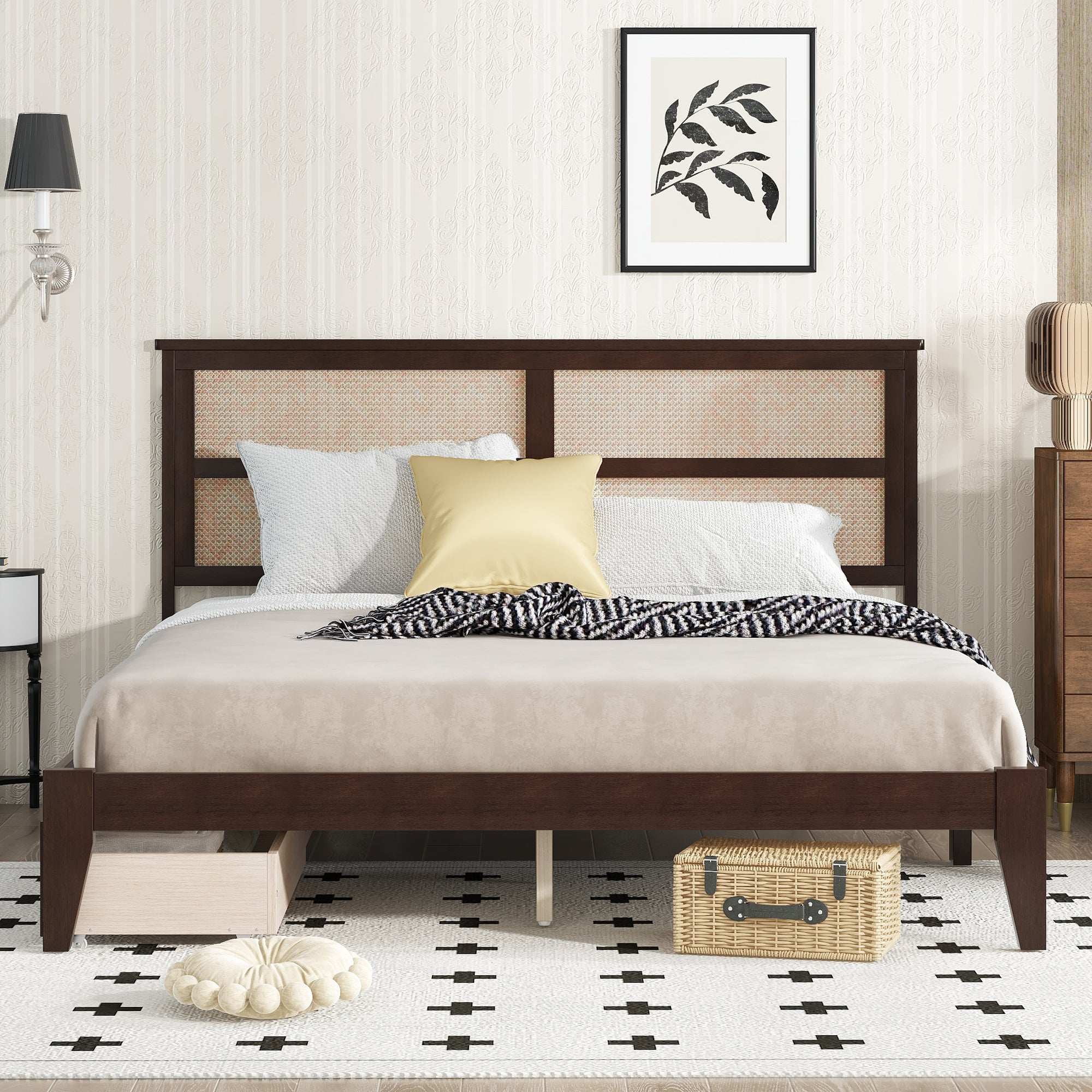 King Size Bed with Rattan Headboard, Two Storage Drawers, Rubber Wood Bed with Enhanced Support Salts and Feet,Espresso