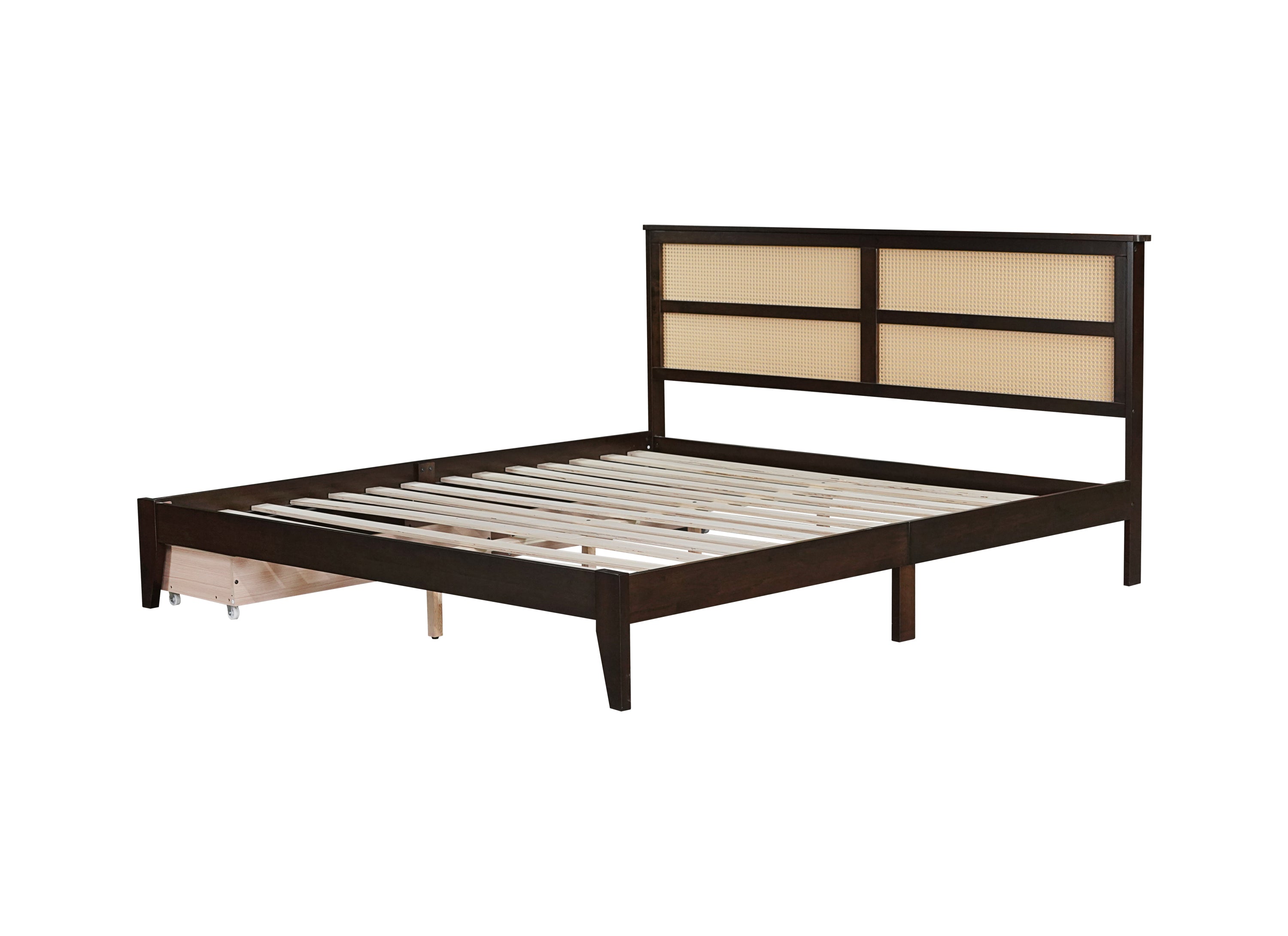 King Size Bed with Rattan Headboard, Two Storage Drawers, Rubber Wood Bed with Enhanced Support Salts and Feet,Espresso