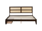 King Size Bed with Rattan Headboard, Two Storage Drawers, Rubber Wood Bed with Enhanced Support Salts and Feet,Espresso