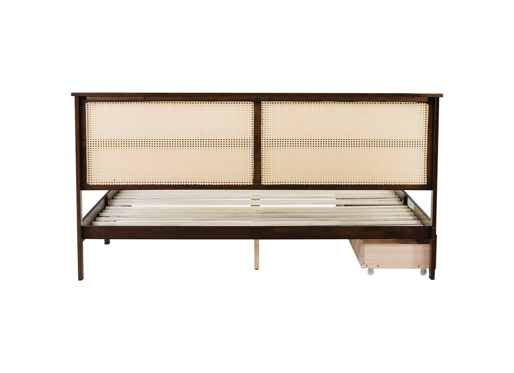 King Size Bed with Rattan Headboard, Two Storage Drawers, Rubber Wood Bed with Enhanced Support Salts and Feet,Espresso