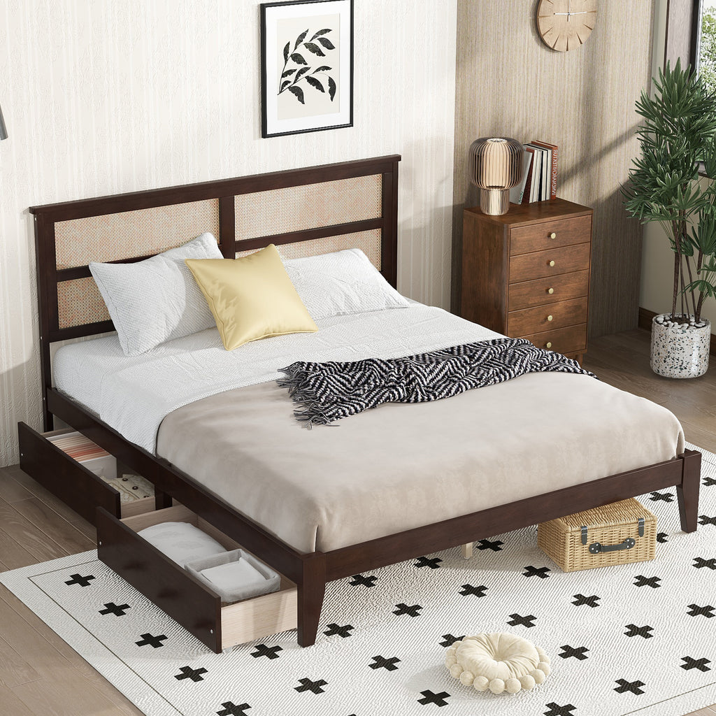 King Size Bed with Rattan Headboard, Two Storage Drawers, Rubber Wood Bed with Enhanced Support Salts and Feet,Espresso