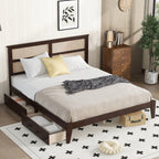 King Size Bed with Rattan Headboard, Two Storage Drawers, Rubber Wood Bed with Enhanced Support Salts and Feet,Espresso
