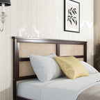 King Size Bed with Rattan Headboard, Two Storage Drawers, Rubber Wood Bed with Enhanced Support Salts and Feet,Espresso