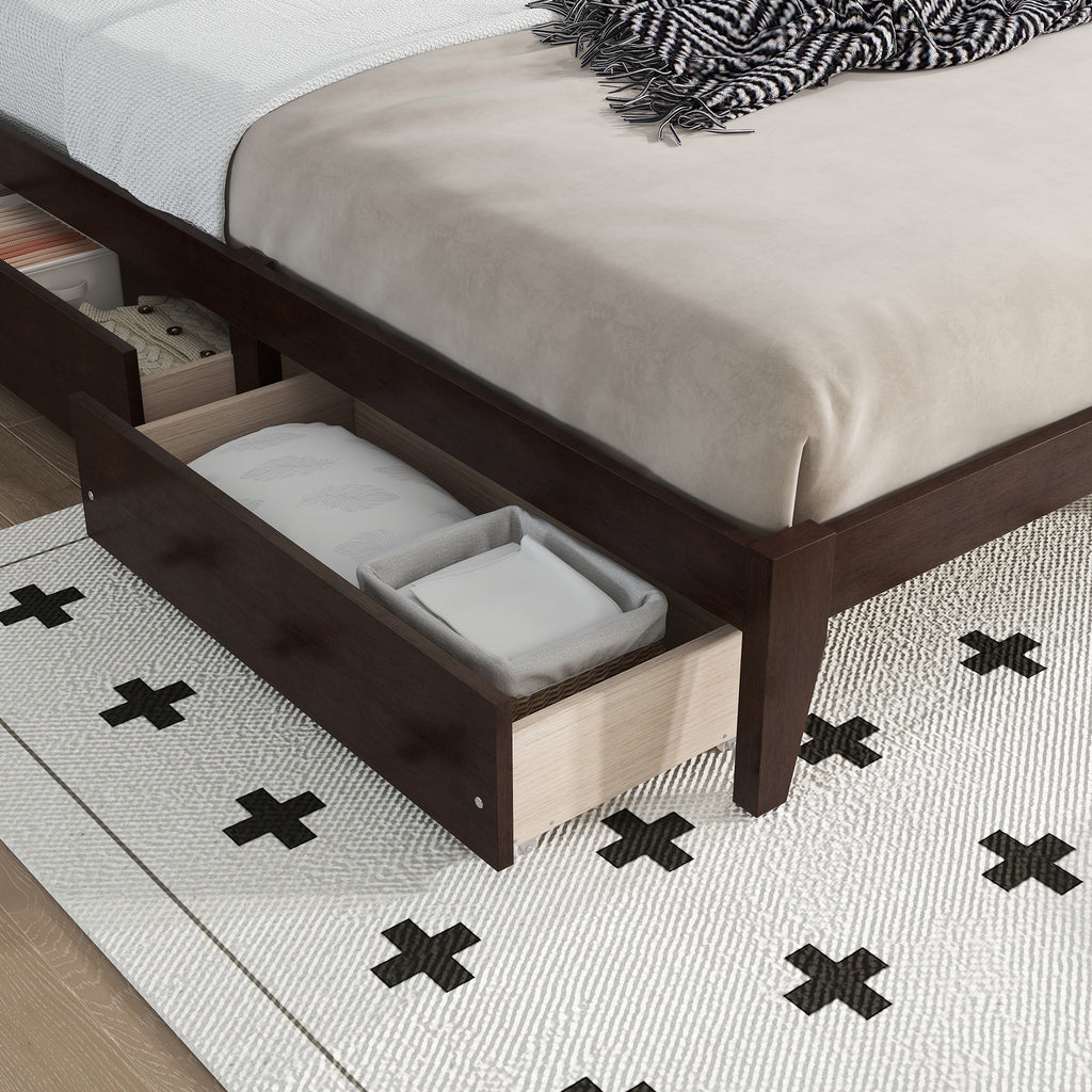 King Size Bed with Rattan Headboard, Two Storage Drawers, Rubber Wood Bed with Enhanced Support Salts and Feet,Espresso