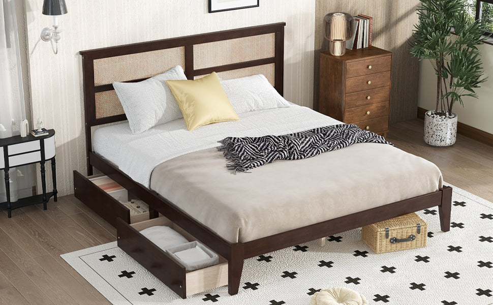 King Size Bed with Rattan Headboard, Two Storage Drawers, Rubber Wood Bed with Enhanced Support Salts and Feet,Espresso