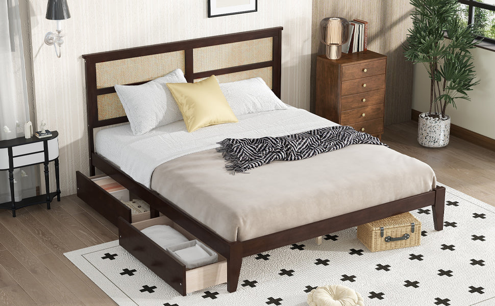 King Size Bed with Rattan Headboard, Two Storage Drawers, Rubber Wood Bed with Enhanced Support Salts and Feet,Espresso
