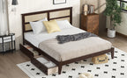 King Size Bed with Rattan Headboard, Two Storage Drawers, Rubber Wood Bed with Enhanced Support Salts and Feet,Espresso