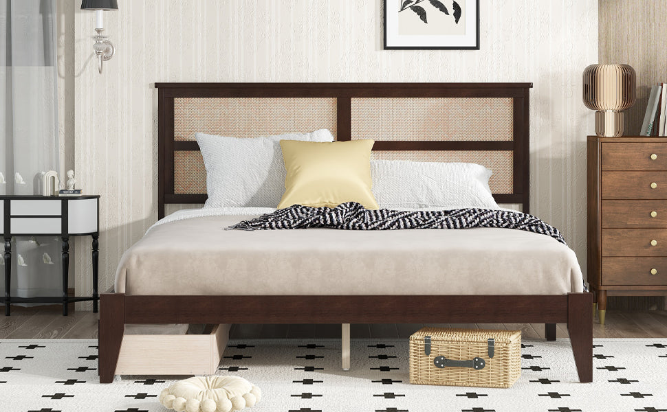 King Size Bed with Rattan Headboard, Two Storage Drawers, Rubber Wood Bed with Enhanced Support Salts and Feet,Espresso