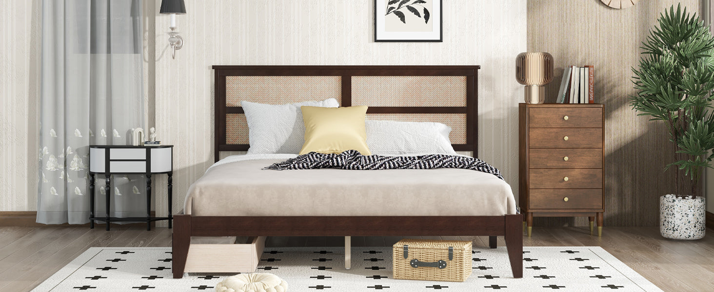 King Size Bed with Rattan Headboard, Two Storage Drawers, Rubber Wood Bed with Enhanced Support Salts and Feet,Espresso