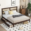 King Size Bed with Rattan Headboard, Two Storage Drawers, Rubber Wood Bed with Enhanced Support Salts and Feet,Espresso