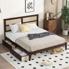 King Size Bed with Rattan Headboard, Two Storage Drawers, Rubber Wood Bed with Enhanced Support Salts and Feet,Espresso
