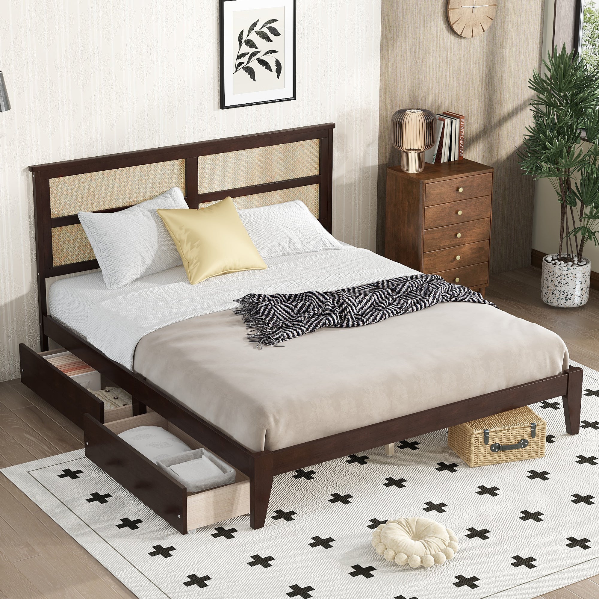 King Size Bed with Rattan Headboard, Two Storage Drawers, Rubber Wood Bed with Enhanced Support Salts and Feet,Espresso