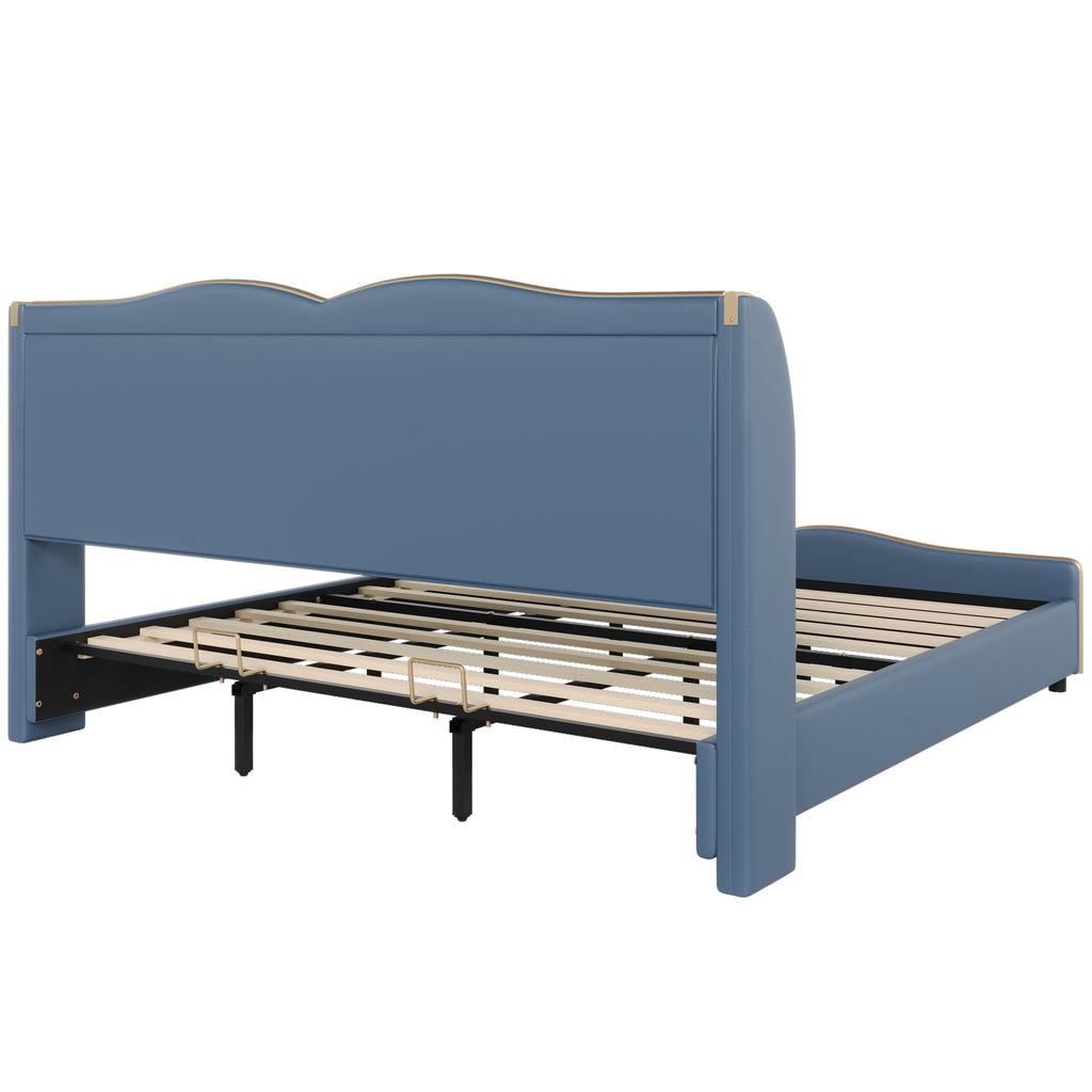 King Size Leather Upholstered Bed Frame, Modern Bed Frame with Wingback Head board, Upholstered Platform Bed with Wavy Footboard, No Spring Box Needed, Antique Blue Bed Frame