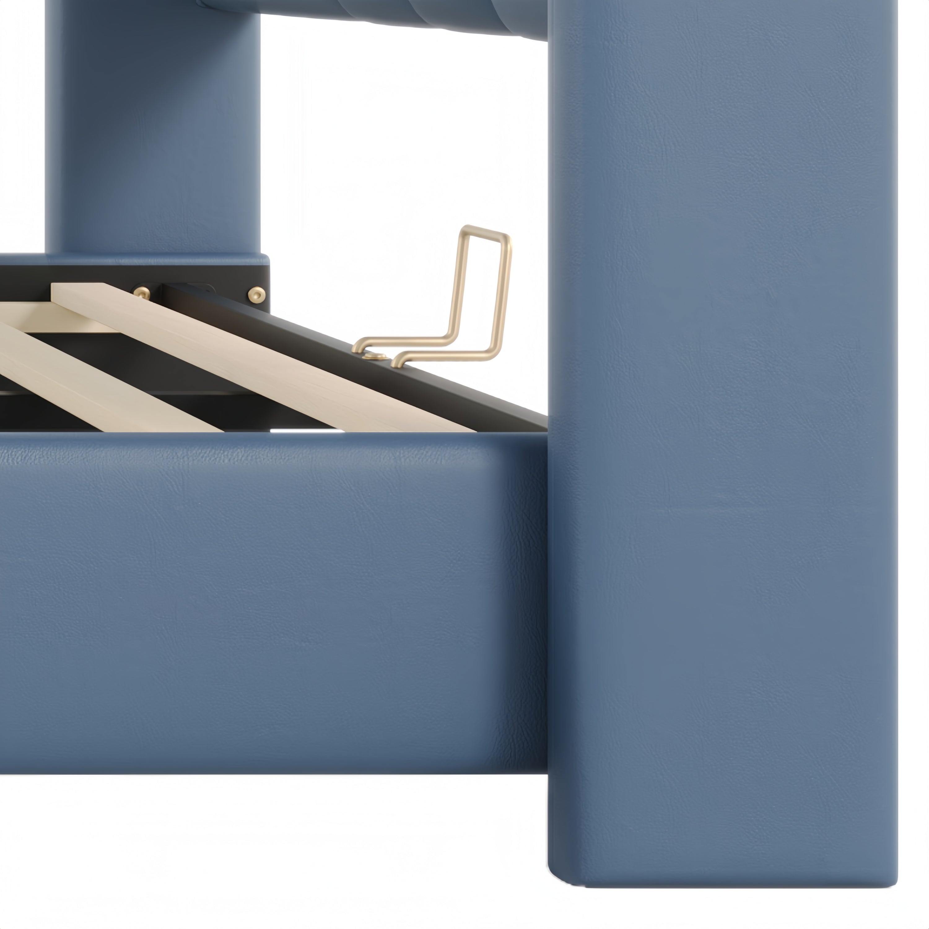 King Size Leather Upholstered Bed Frame, Modern Bed Frame with Wingback Head board, Upholstered Platform Bed with Wavy Footboard, No Spring Box Needed, Antique Blue Bed Frame