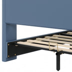 King Size Leather Upholstered Bed Frame, Modern Bed Frame with Wingback Head board, Upholstered Platform Bed with Wavy Footboard, No Spring Box Needed, Antique Blue Bed Frame