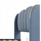 King Size Leather Upholstered Bed Frame, Modern Bed Frame with Wingback Head board, Upholstered Platform Bed with Wavy Footboard, No Spring Box Needed, Antique Blue Bed Frame