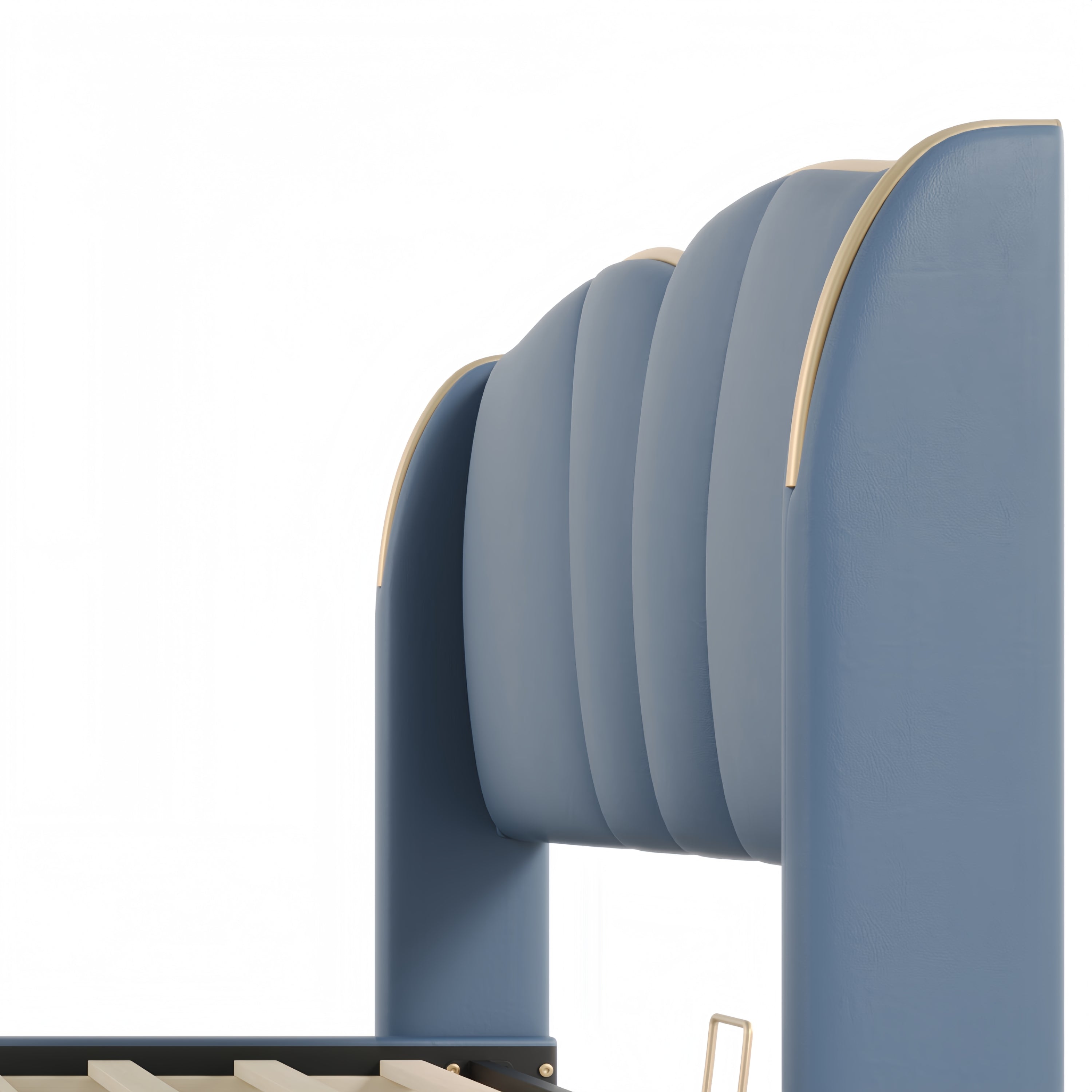 King Size Leather Upholstered Bed Frame, Modern Bed Frame with Wingback Head board, Upholstered Platform Bed with Wavy Footboard, No Spring Box Needed, Antique Blue Bed Frame