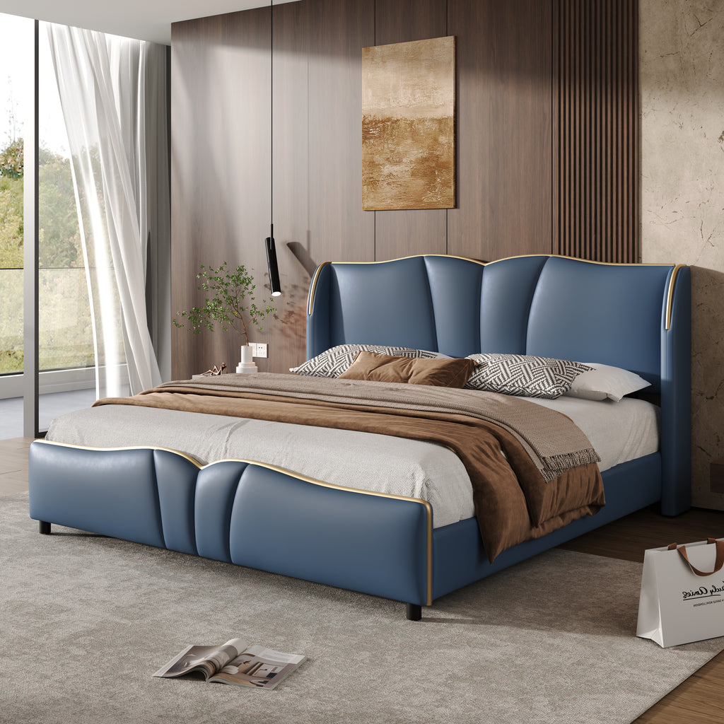 King Size Leather Upholstered Bed Frame, Modern Bed Frame with Wingback Head board, Upholstered Platform Bed with Wavy Footboard, No Spring Box Needed, Antique Blue Bed Frame
