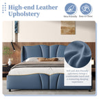 King Size Leather Upholstered Bed Frame, Modern Bed Frame with Wingback Head board, Upholstered Platform Bed with Wavy Footboard, No Spring Box Needed, Antique Blue Bed Frame