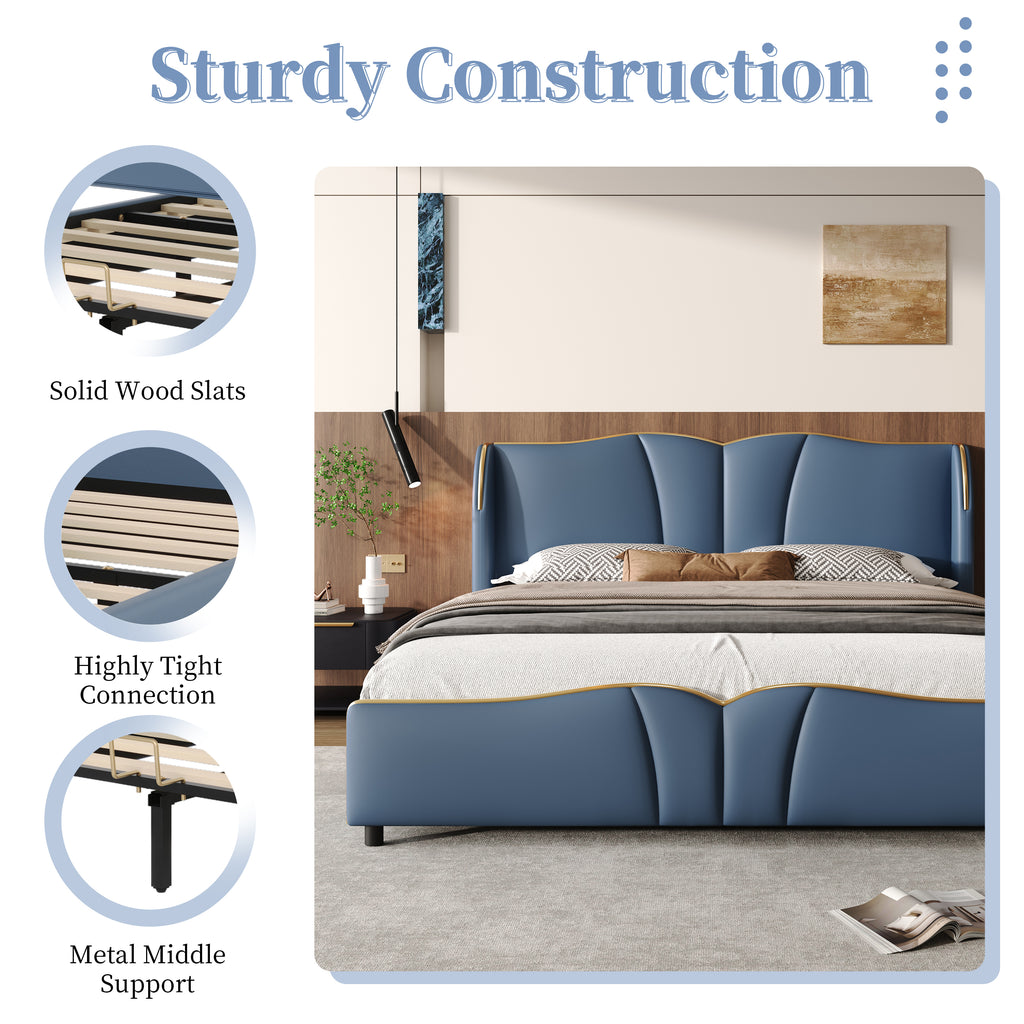 King Size Leather Upholstered Bed Frame, Modern Bed Frame with Wingback Head board, Upholstered Platform Bed with Wavy Footboard, No Spring Box Needed, Antique Blue Bed Frame