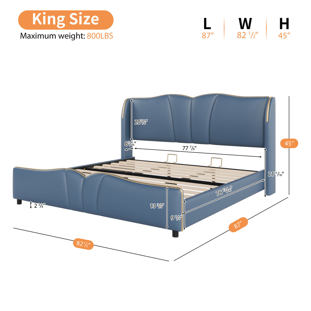 King Size Leather Upholstered Bed Frame, Modern Bed Frame with Wingback Head board, Upholstered Platform Bed with Wavy Footboard, No Spring Box Needed, Antique Blue Bed Frame