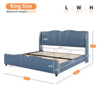 King Size Leather Upholstered Bed Frame, Modern Bed Frame with Wingback Head board, Upholstered Platform Bed with Wavy Footboard, No Spring Box Needed, Antique Blue Bed Frame