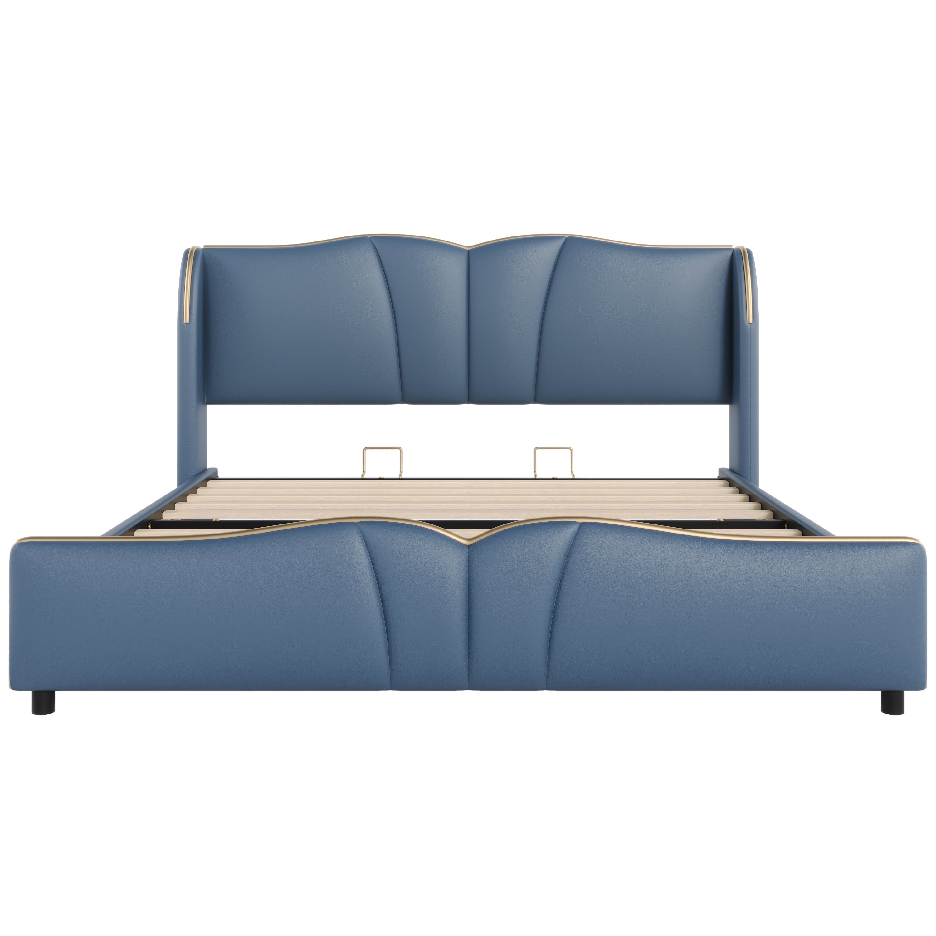 King Size Leather Upholstered Bed Frame, Modern Bed Frame with Wingback Head board, Upholstered Platform Bed with Wavy Footboard, No Spring Box Needed, Antique Blue Bed Frame