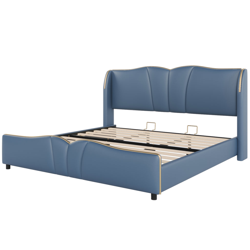King Size Leather Upholstered Bed Frame, Modern Bed Frame with Wingback Head board, Upholstered Platform Bed with Wavy Footboard, No Spring Box Needed, Antique Blue Bed Frame