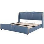 King Size Leather Upholstered Bed Frame, Modern Bed Frame with Wingback Head board, Upholstered Platform Bed with Wavy Footboard, No Spring Box Needed, Antique Blue Bed Frame