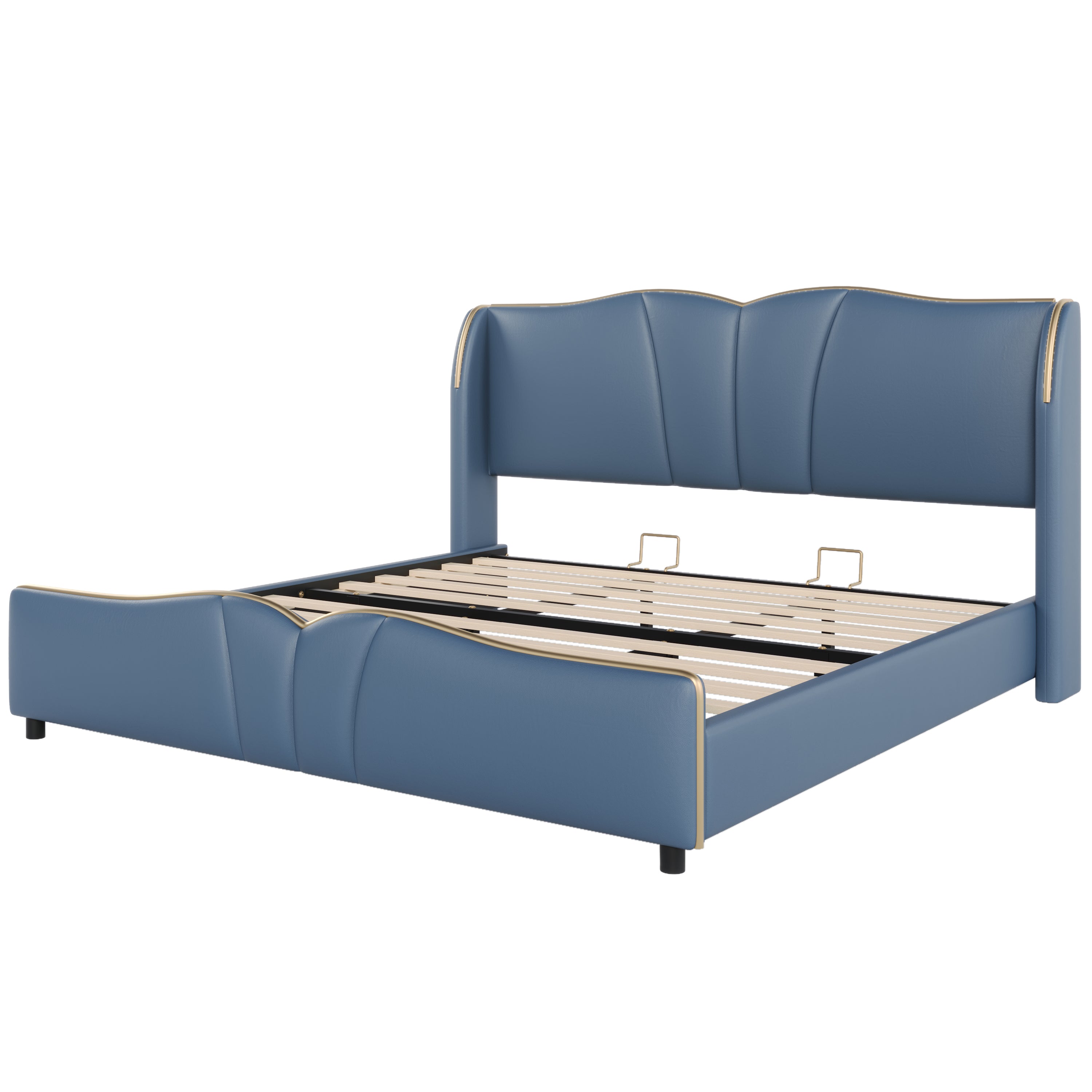 King Size Leather Upholstered Bed Frame, Modern Bed Frame with Wingback Head board, Upholstered Platform Bed with Wavy Footboard, No Spring Box Needed, Antique Blue Bed Frame