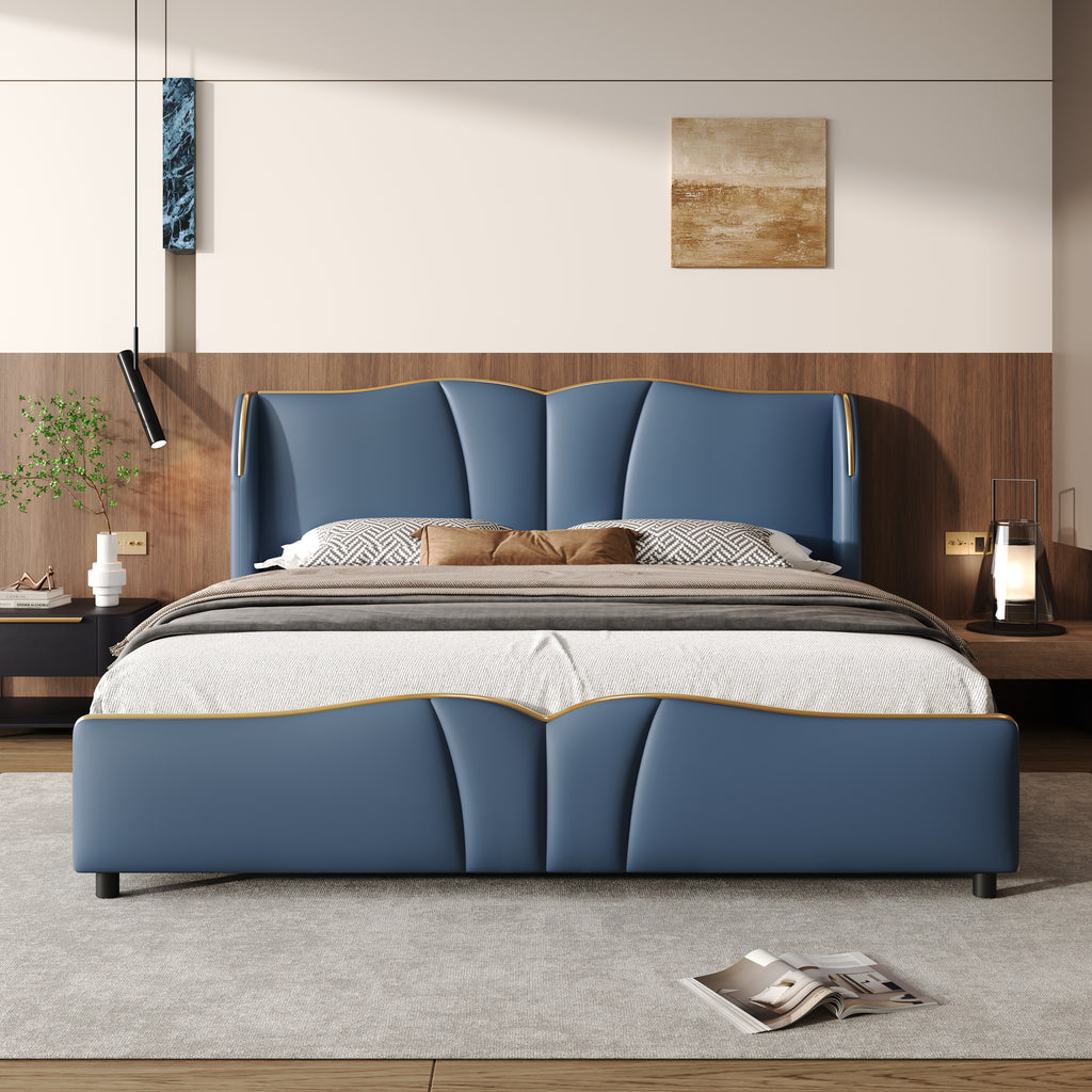 King Size Leather Upholstered Bed Frame, Modern Bed Frame with Wingback Head board, Upholstered Platform Bed with Wavy Footboard, No Spring Box Needed, Antique Blue Bed Frame