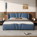King Size Leather Upholstered Bed Frame, Modern Bed Frame with Wingback Head board, Upholstered Platform Bed with Wavy Footboard, No Spring Box Needed, Antique Blue Bed Frame