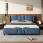 King Size Leather Upholstered Bed Frame, Modern Bed Frame with Wingback Head board, Upholstered Platform Bed with Wavy Footboard, No Spring Box Needed, Antique Blue Bed Frame