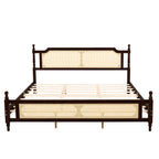 King Pine wooden Bed with Rattan Headboard and Footboard, with Central Enhanced Bed Platform ,Espresso