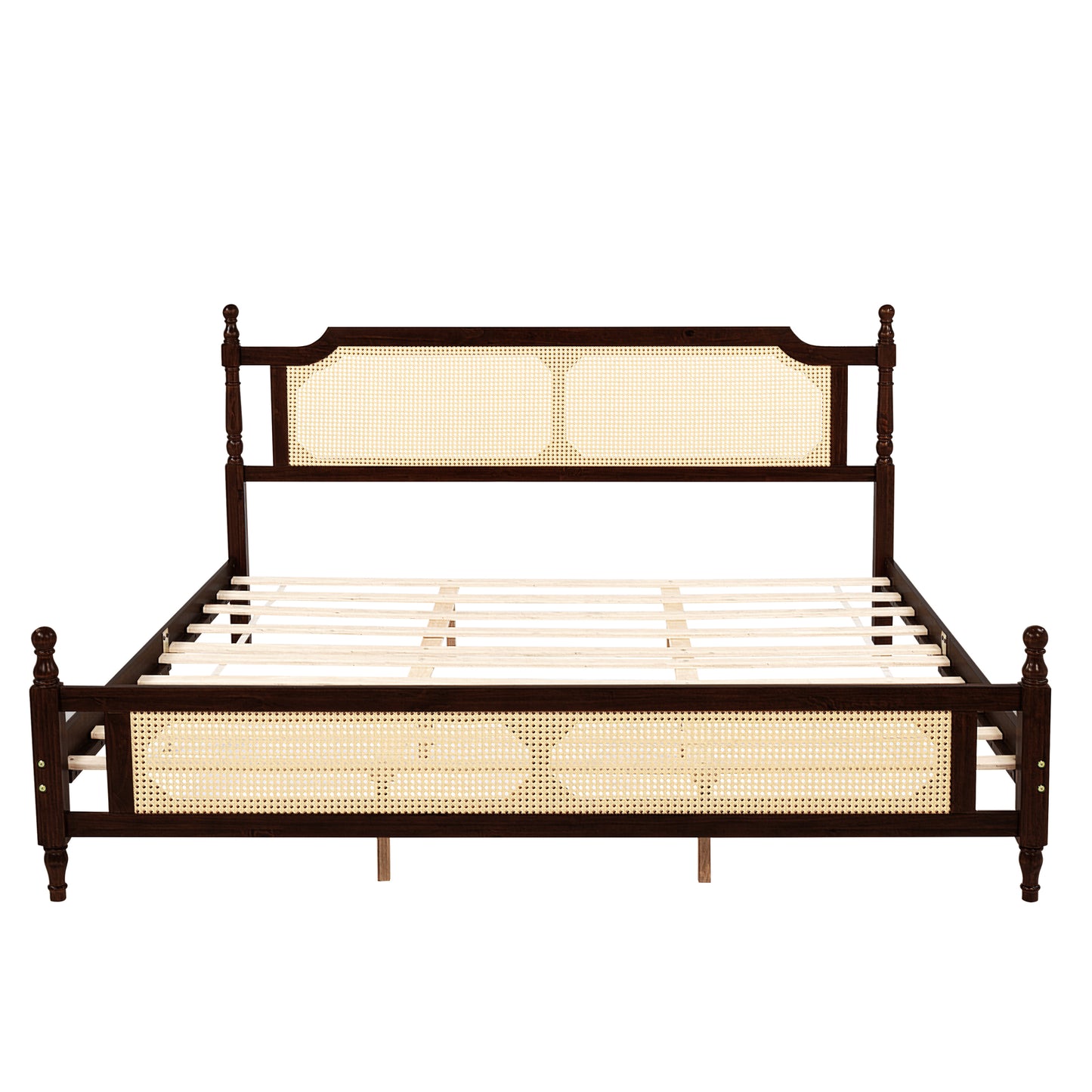 King Pine wooden Bed with Rattan Headboard and Footboard, with Central Enhanced Bed Platform ,Espresso