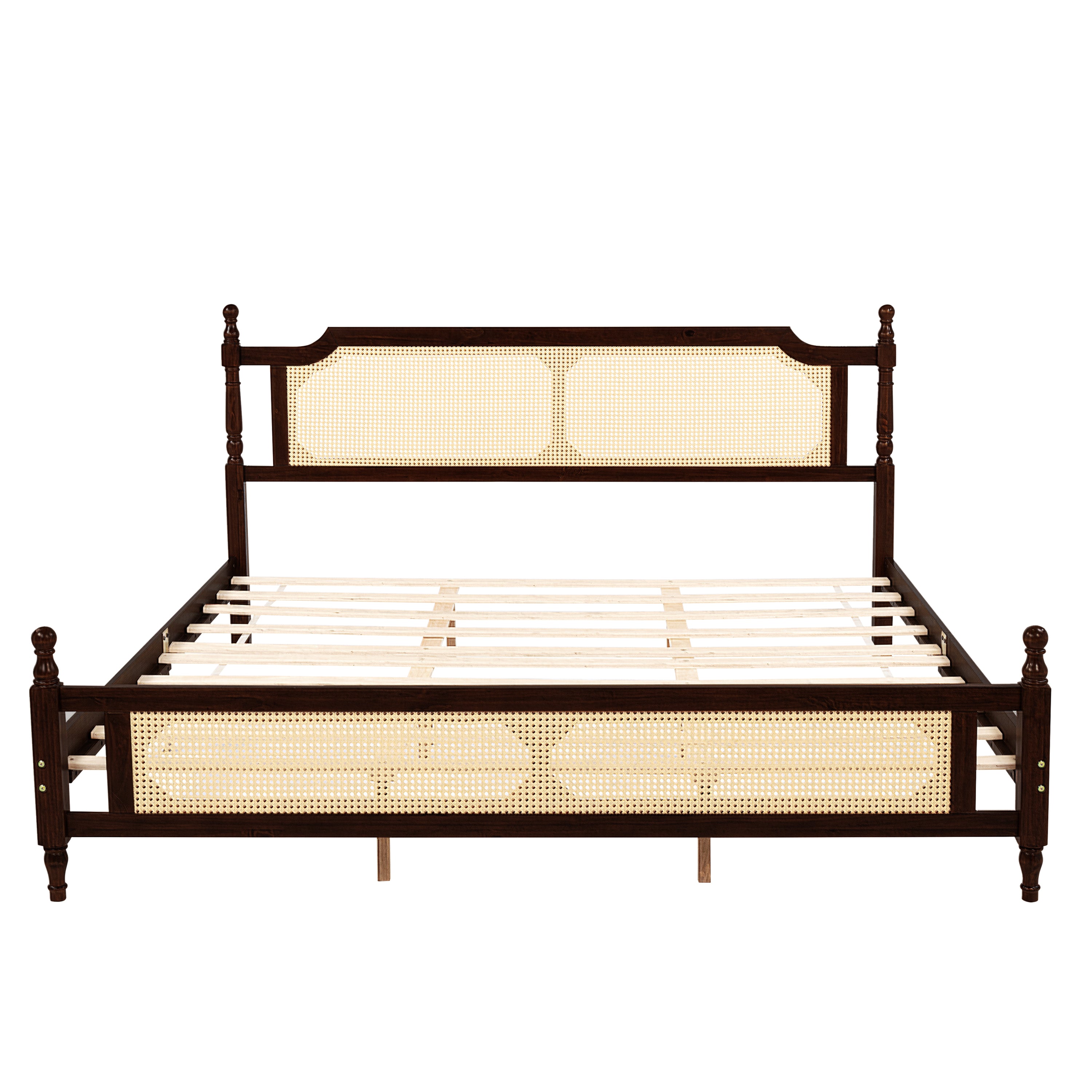 King Pine wooden Bed with Rattan Headboard and Footboard, with Central Enhanced Bed Platform ,Espresso