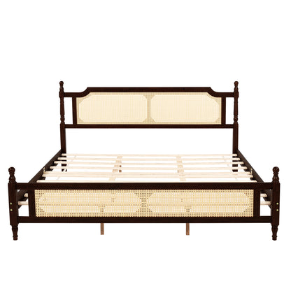 King Pine wooden Bed with Rattan Headboard and Footboard, with Central Enhanced Bed Platform ,Espresso