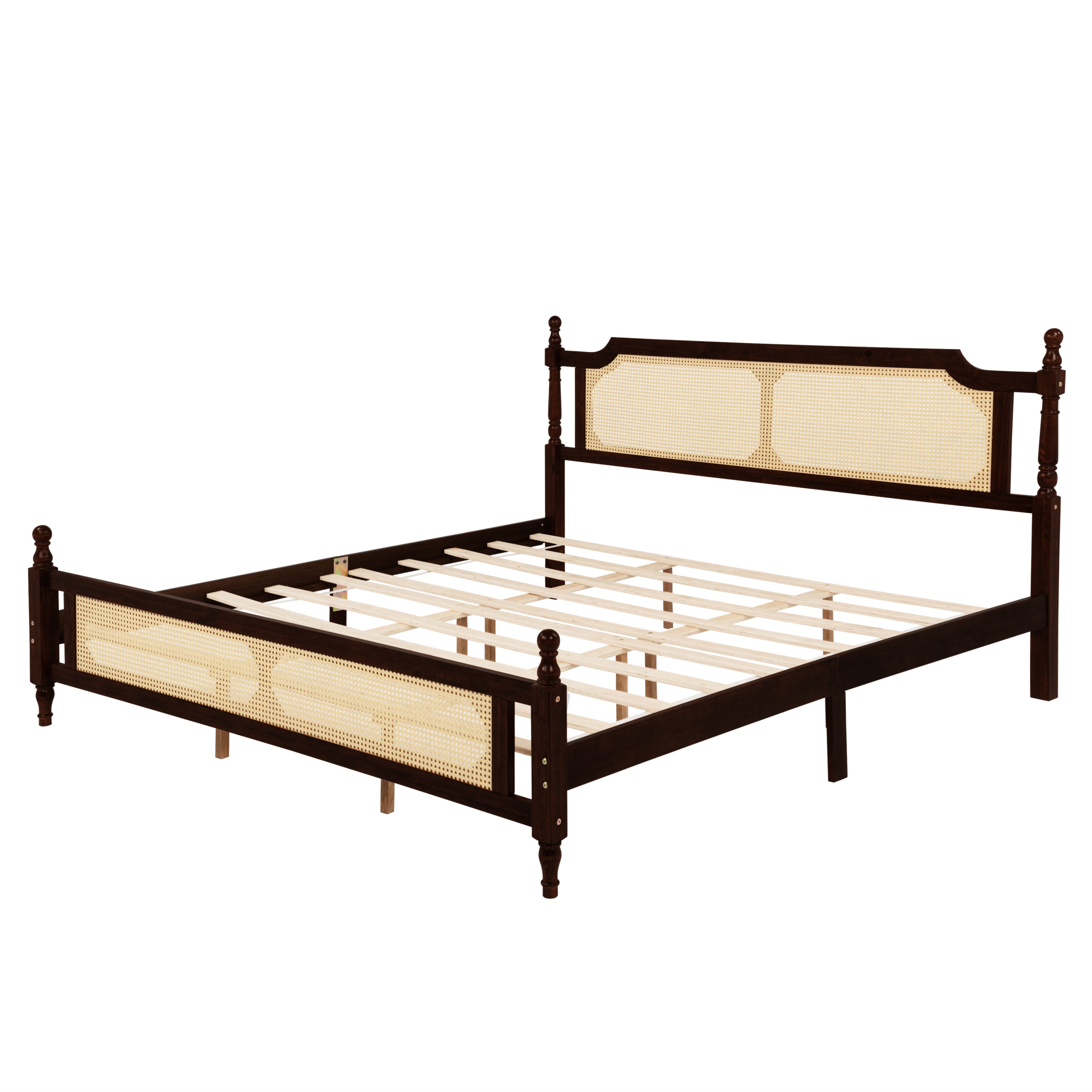 King Pine wooden Bed with Rattan Headboard and Footboard, with Central Enhanced Bed Platform ,Espresso