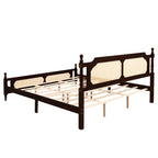 King Pine wooden Bed with Rattan Headboard and Footboard, with Central Enhanced Bed Platform ,Espresso