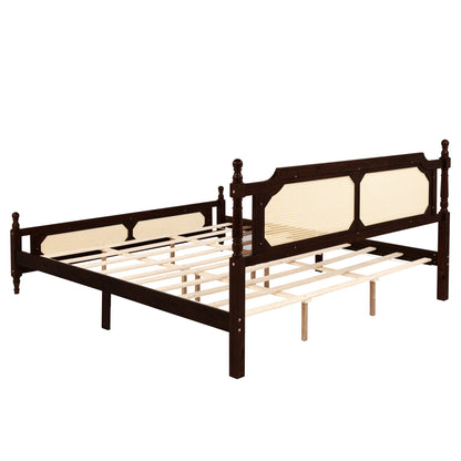 King Pine wooden Bed with Rattan Headboard and Footboard, with Central Enhanced Bed Platform ,Espresso