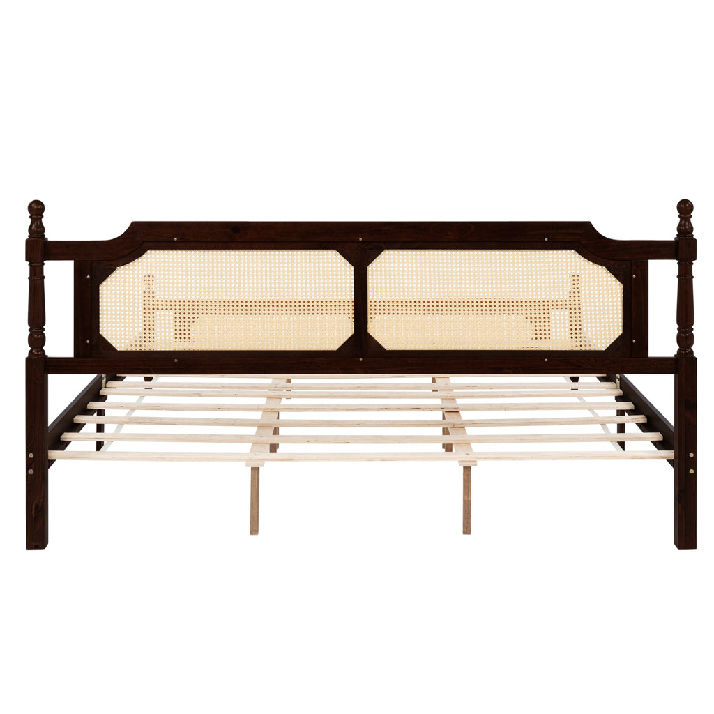 King Pine wooden Bed with Rattan Headboard and Footboard, with Central Enhanced Bed Platform ,Espresso
