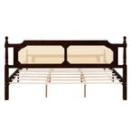 King Pine wooden Bed with Rattan Headboard and Footboard, with Central Enhanced Bed Platform ,Espresso