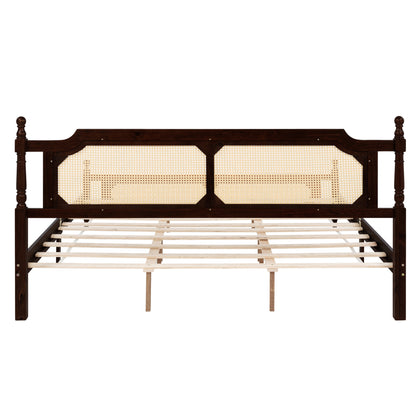 King Pine wooden Bed with Rattan Headboard and Footboard, with Central Enhanced Bed Platform ,Espresso