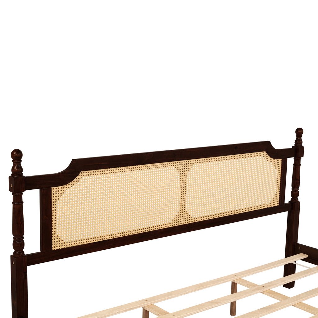 King Pine wooden Bed with Rattan Headboard and Footboard, with Central Enhanced Bed Platform ,Espresso