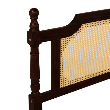 King Pine wooden Bed with Rattan Headboard and Footboard, with Central Enhanced Bed Platform ,Espresso