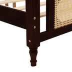 King Pine wooden Bed with Rattan Headboard and Footboard, with Central Enhanced Bed Platform ,Espresso